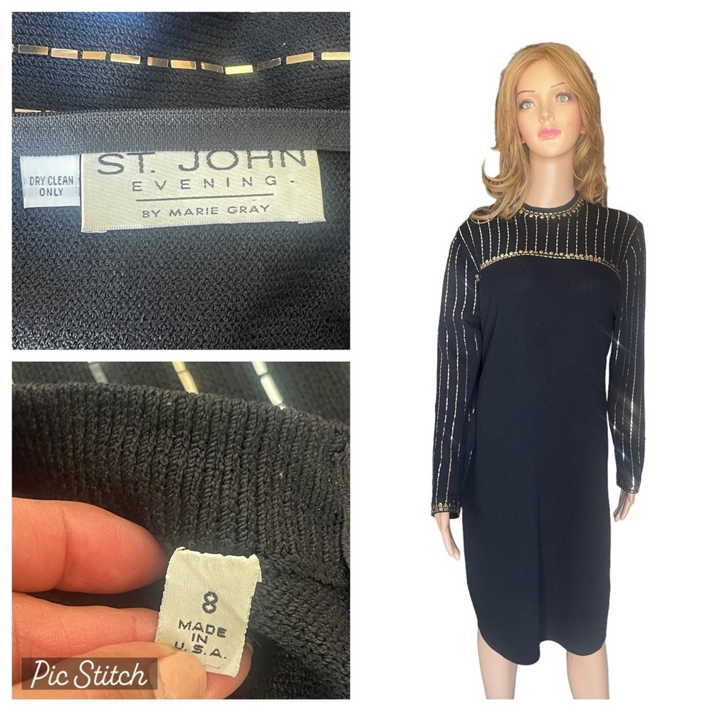St. John Dress Knit Sequin
Vintage Long Sleeve Art Deco
Black Gold Silver 8